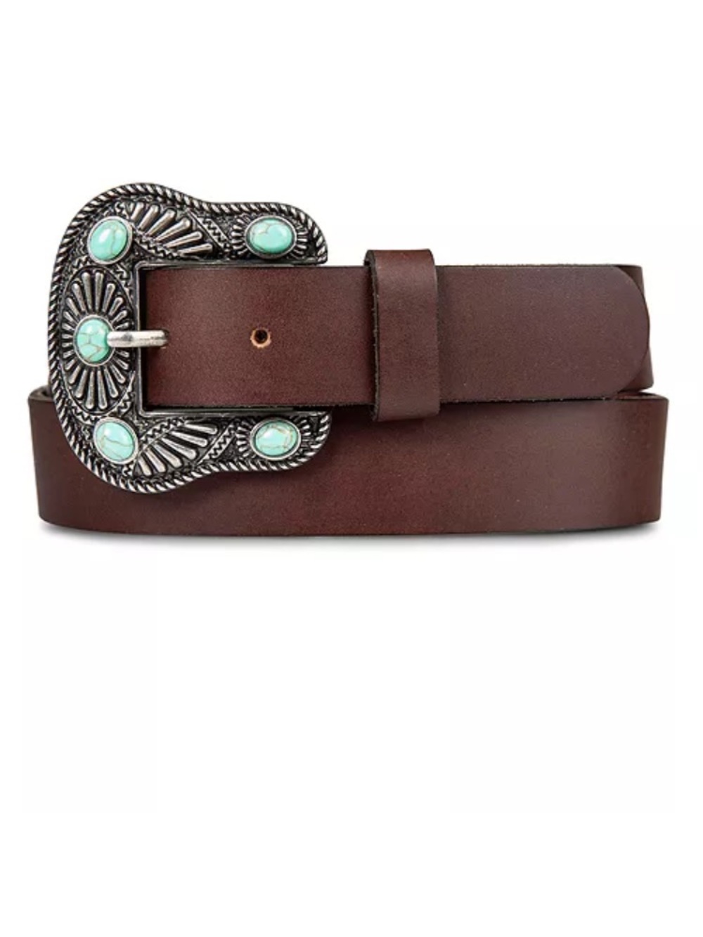 Lucky Brand Brown Western Belt with Turquoise Accents on Antique Nickel Buckle